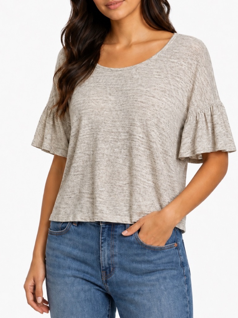 Rachel Roy 100% Linen Bell Sleeve Pullover Top Size Large Beige Casual Boho